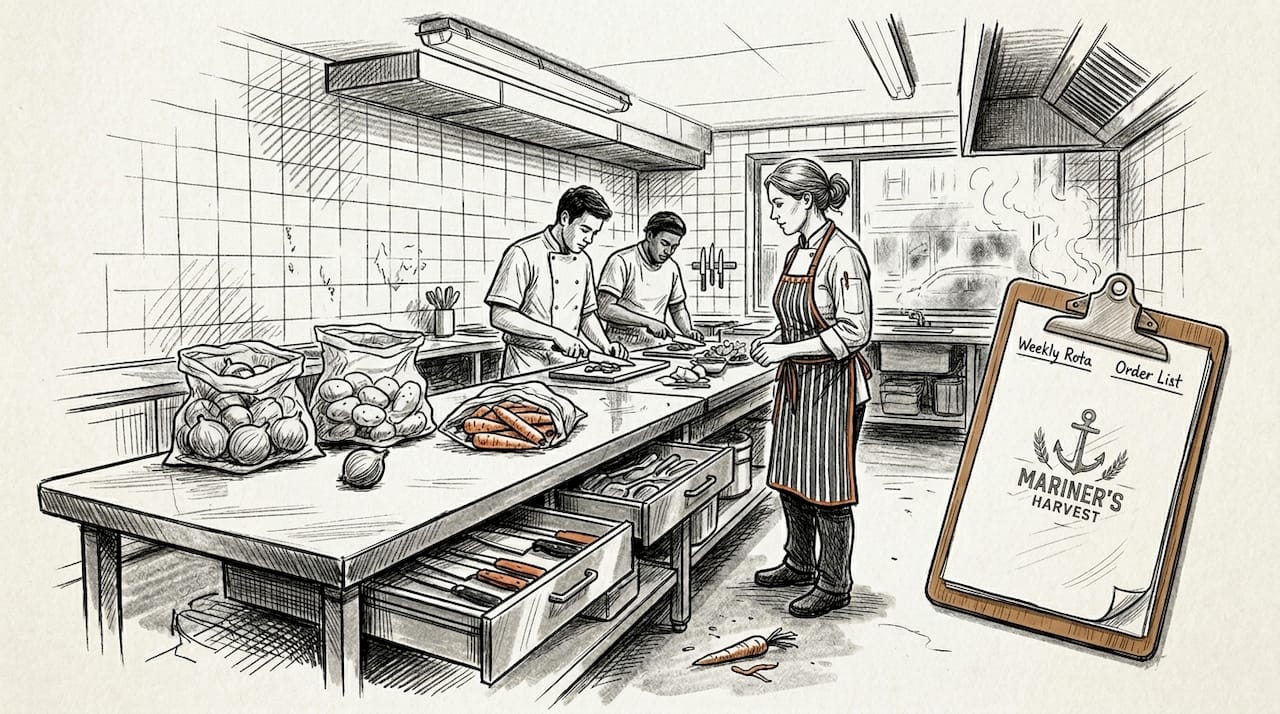 Chef and staff prepping vegetables in kitchen