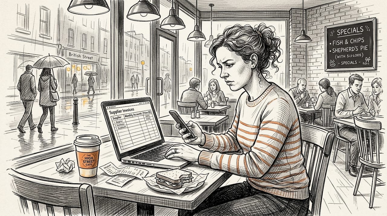 Manager entering supplier data at restaurant table