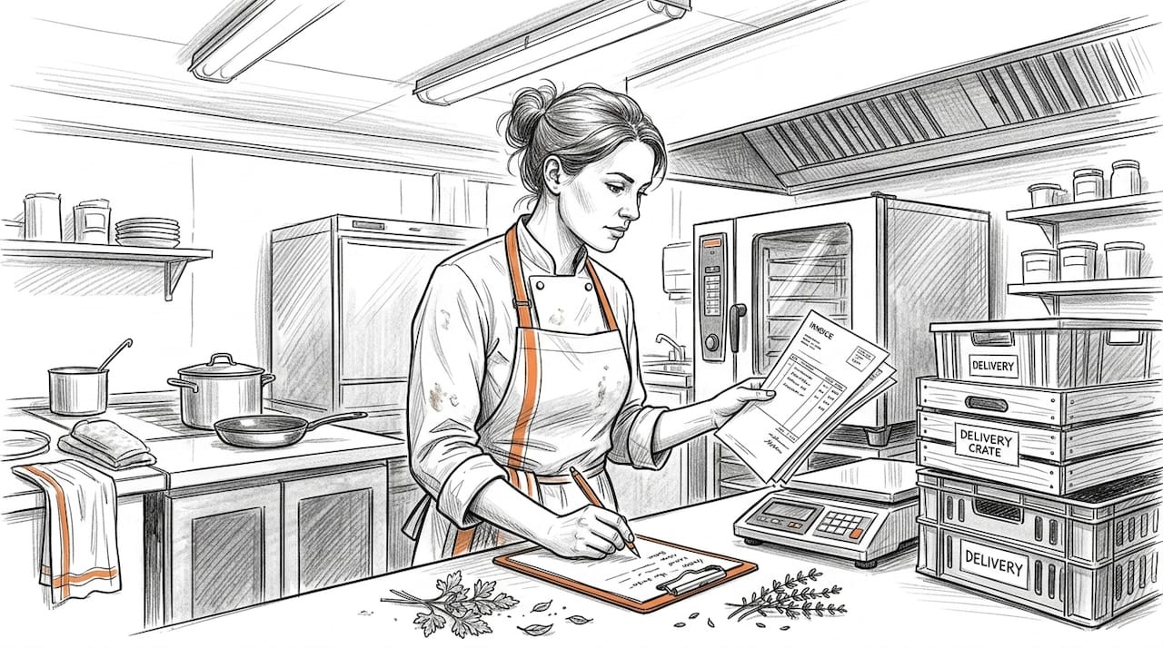 Kitchen manager reviewing invoices at prep counter