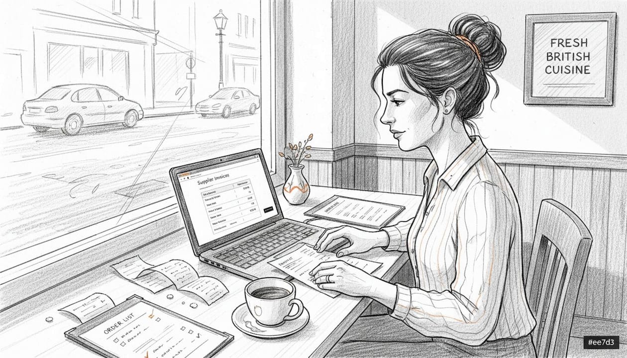 Manager inputting food invoices at back table