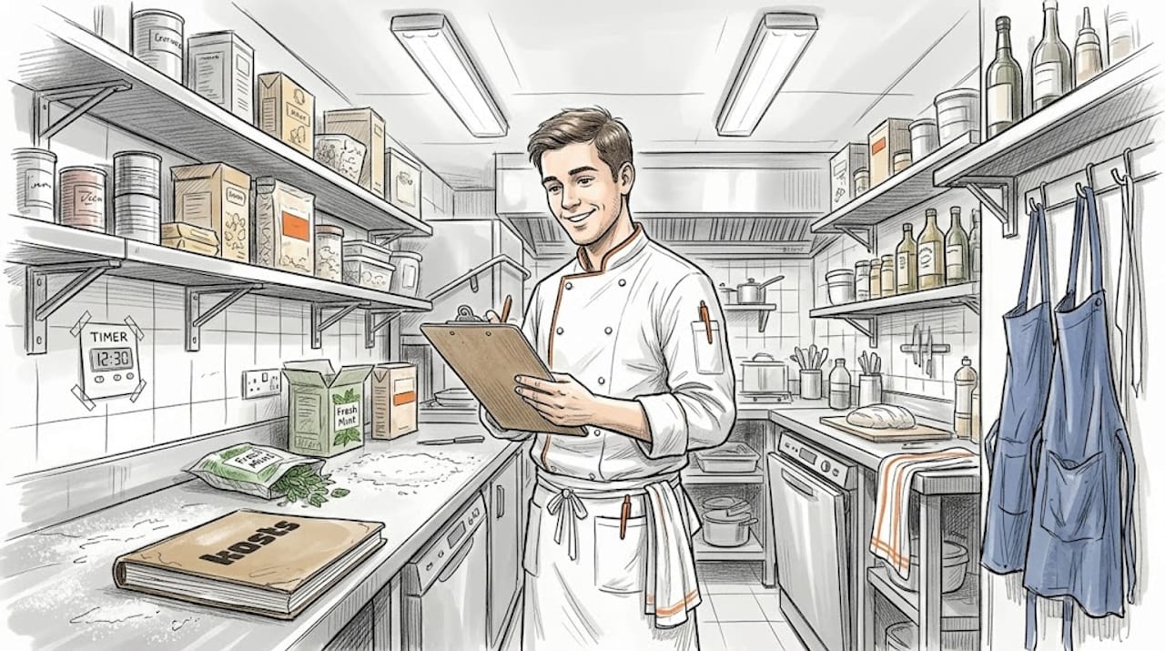 Chef checking inventory in busy kitchen