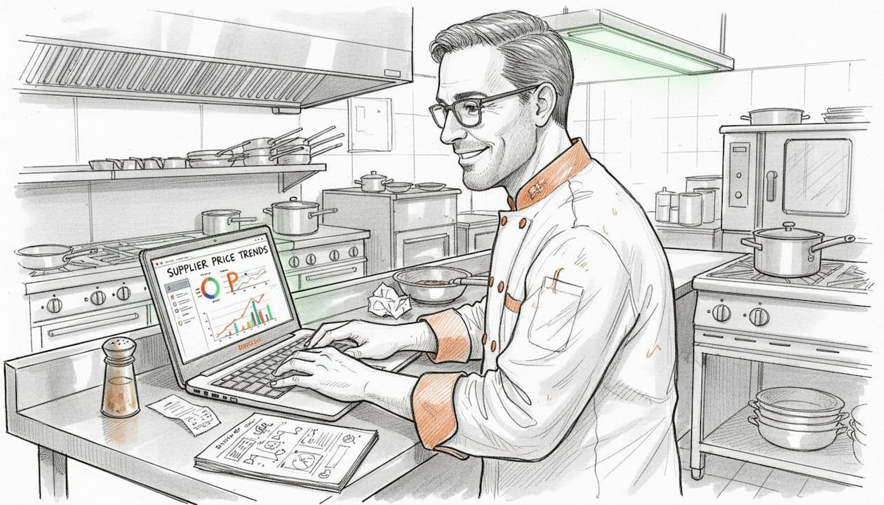 Chef reviewing supplier cost dashboard on laptop