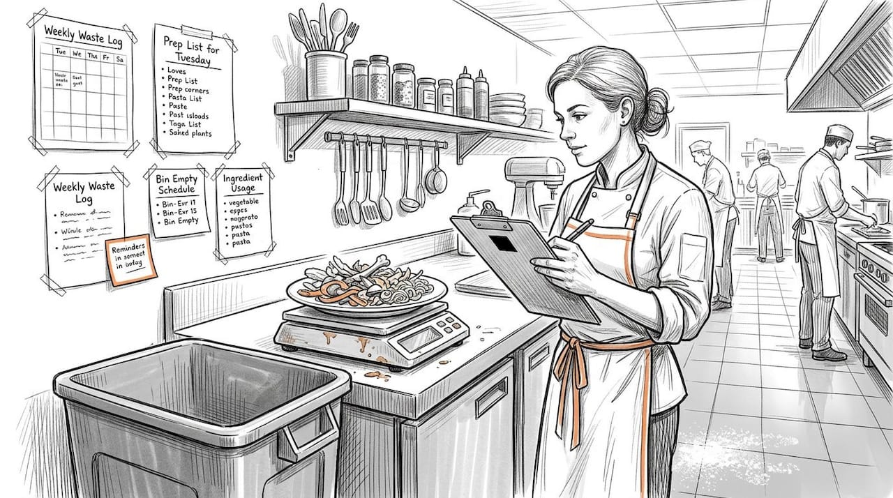 Chef recording kitchen waste on clipboard