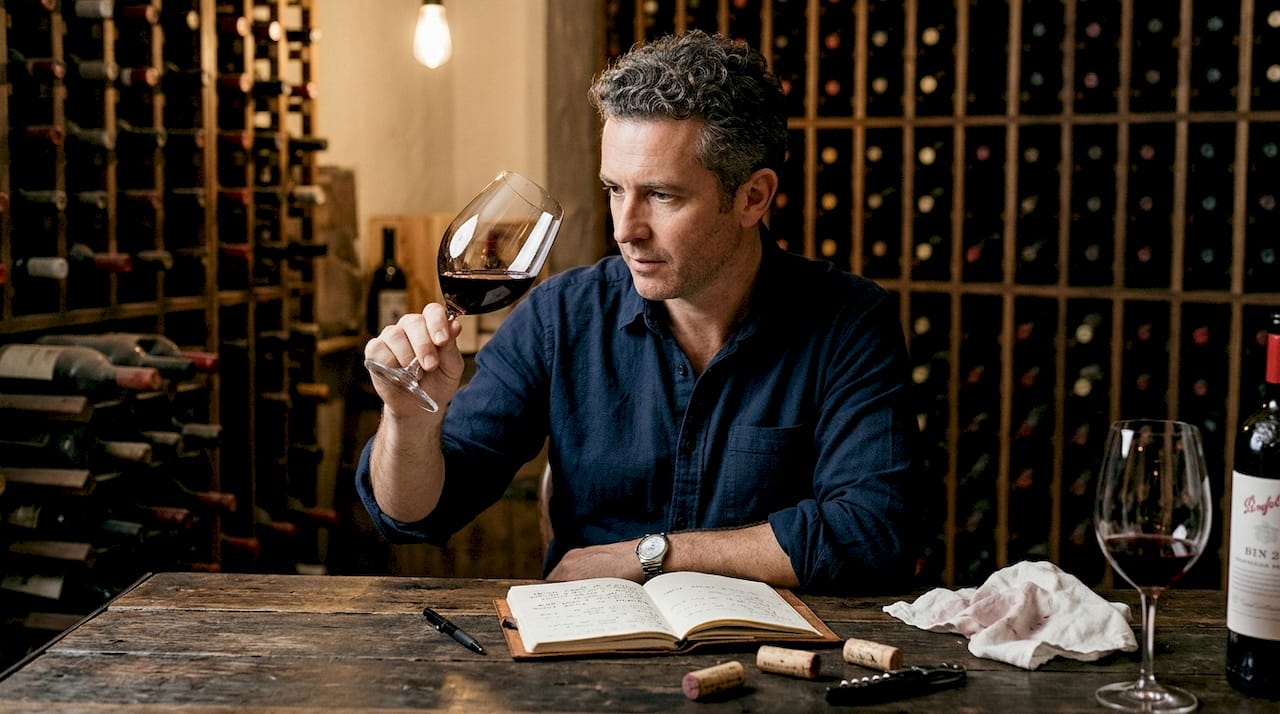 Sommelier evaluating red wine in cellar