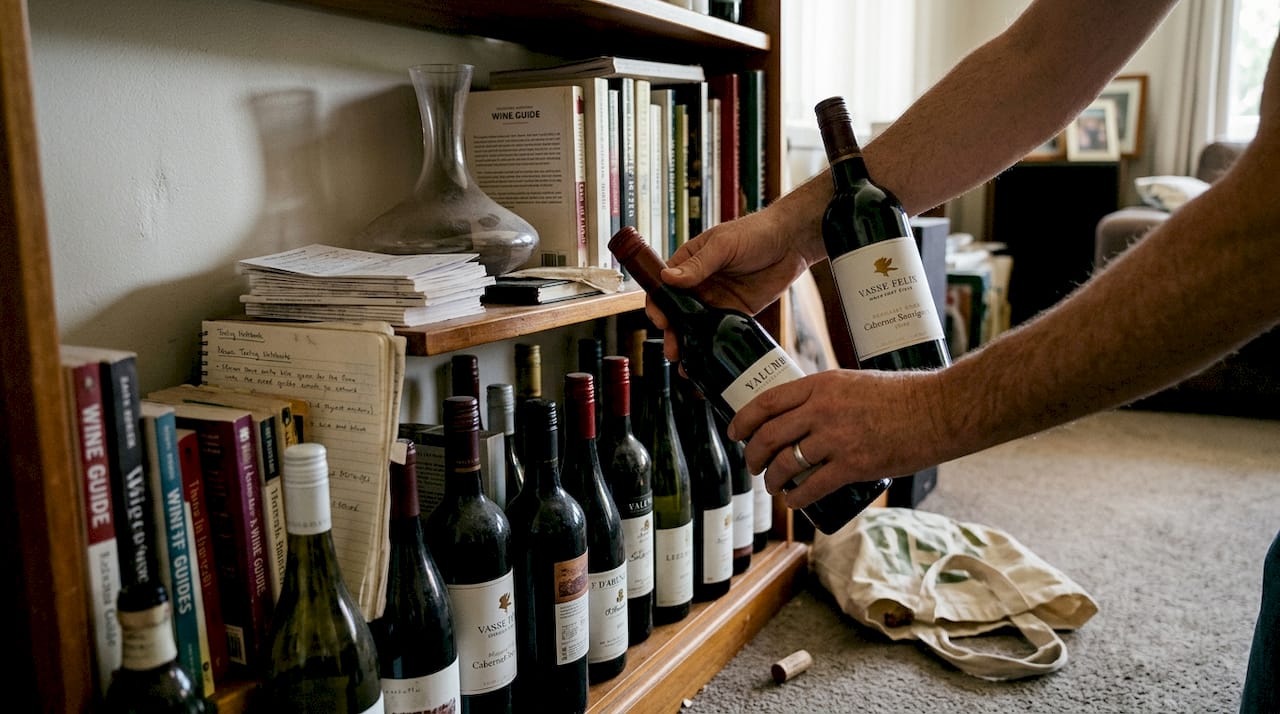 Hands comparing wine bottles and scorecards
