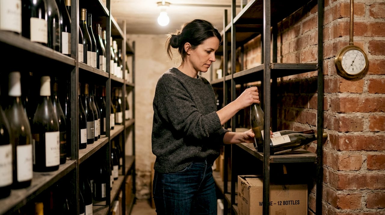 Woman organizing wines in home cellar