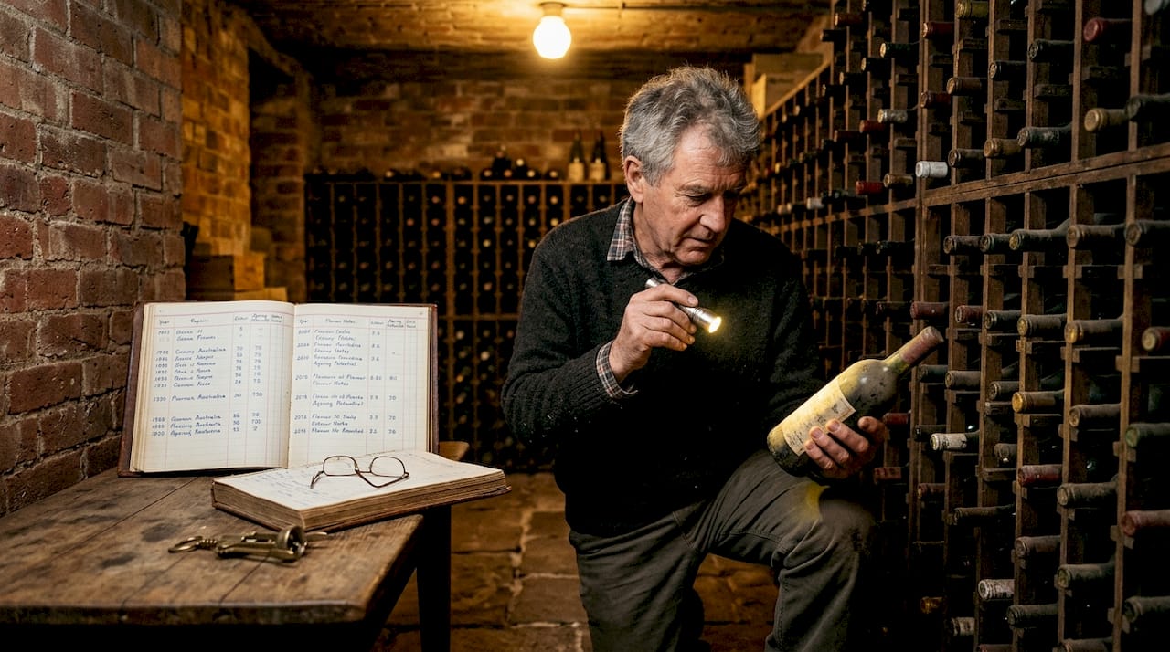 Collector checking vintage wine bottles in cellar