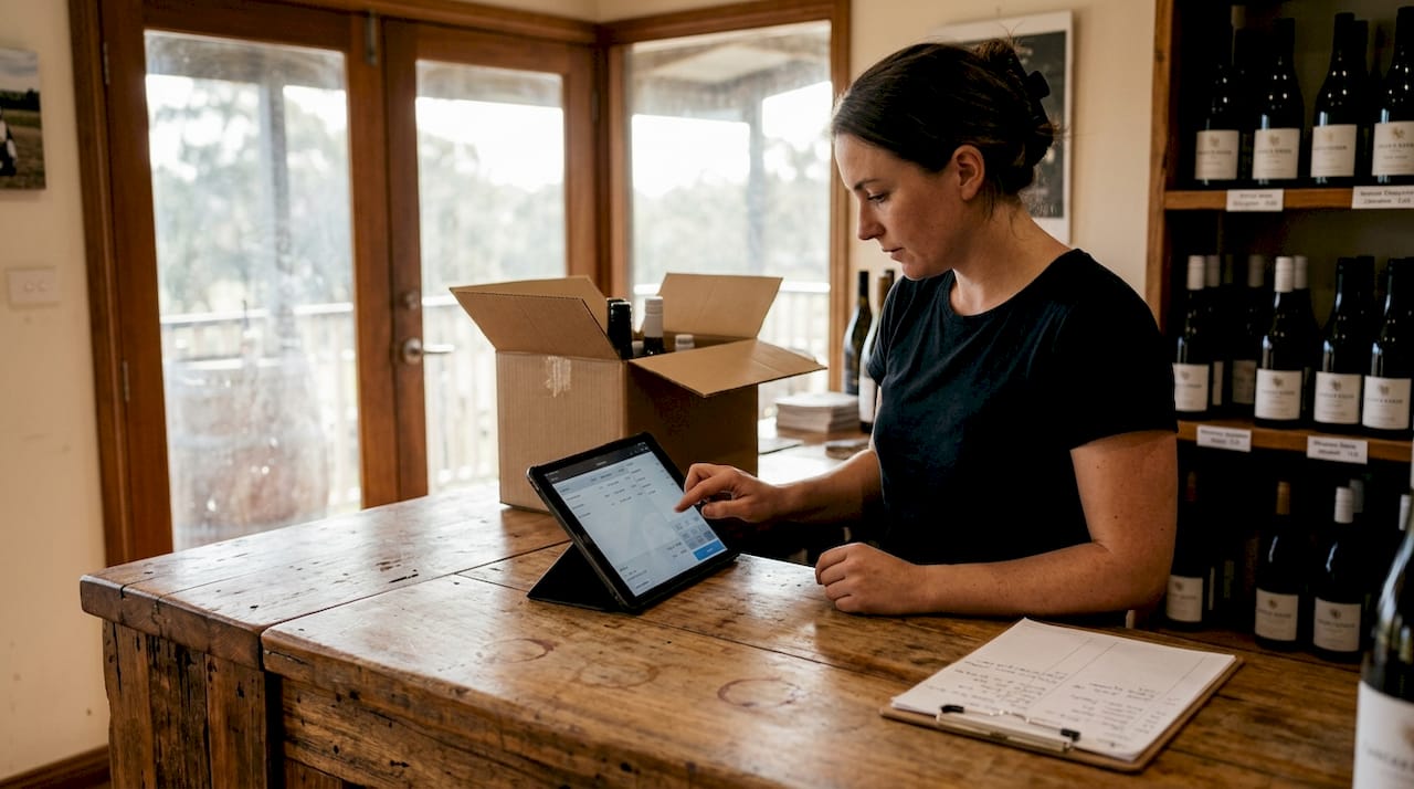 Winery staff processes direct sales orders