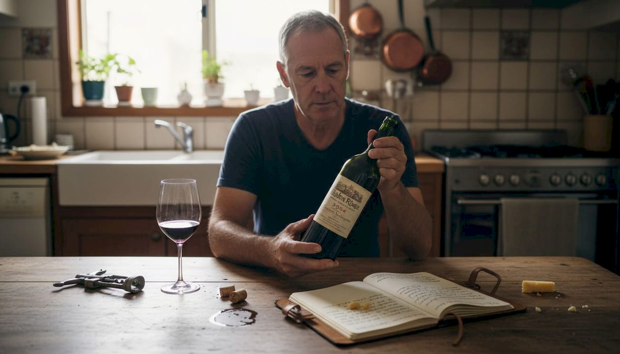 Man examining vintage cabernet at home table