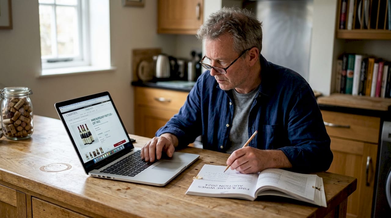 Man researching wine auction lots at home