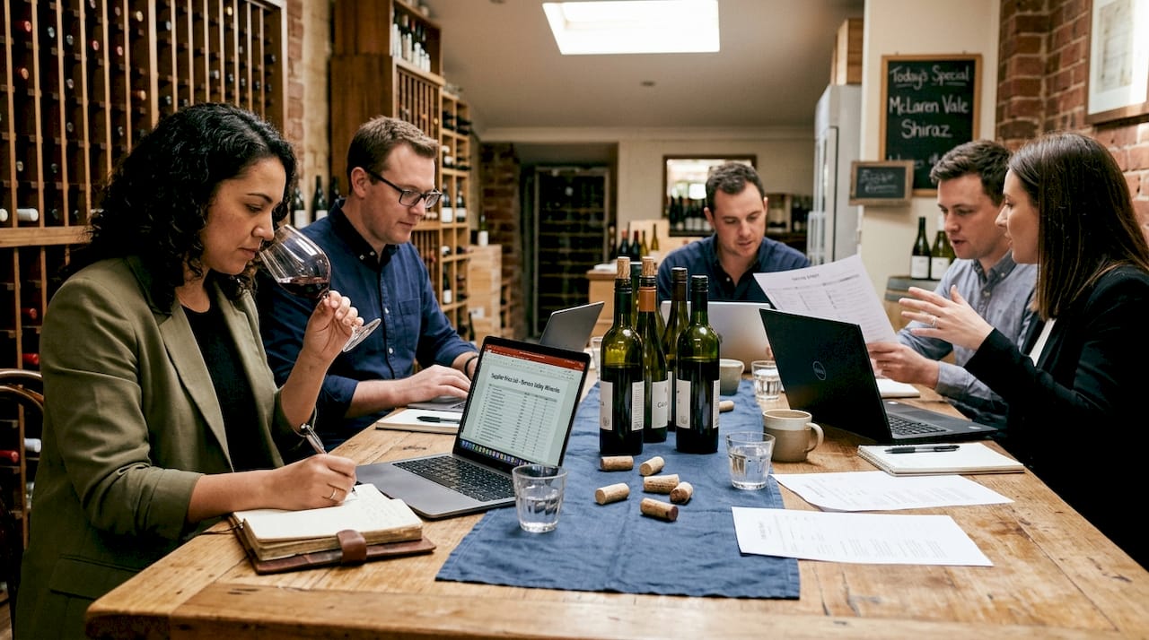 Wine team tasting and discussing selections