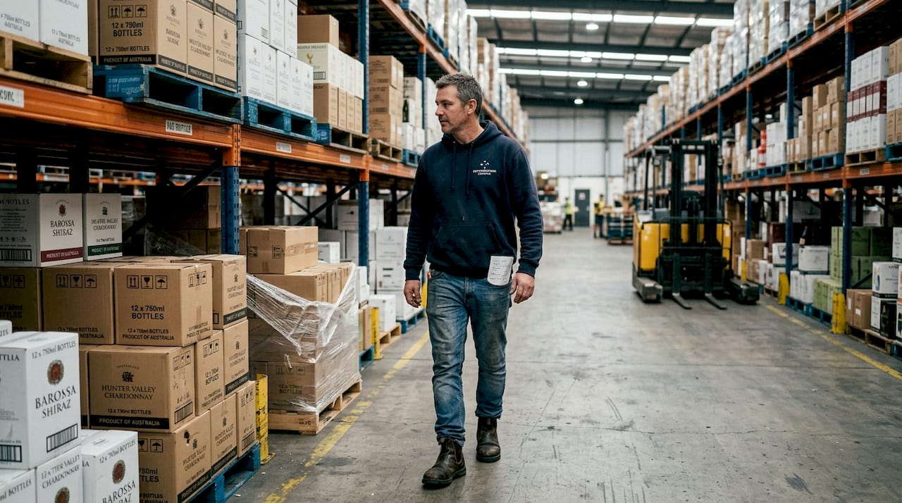 Wine warehouse worker among stacked cartons