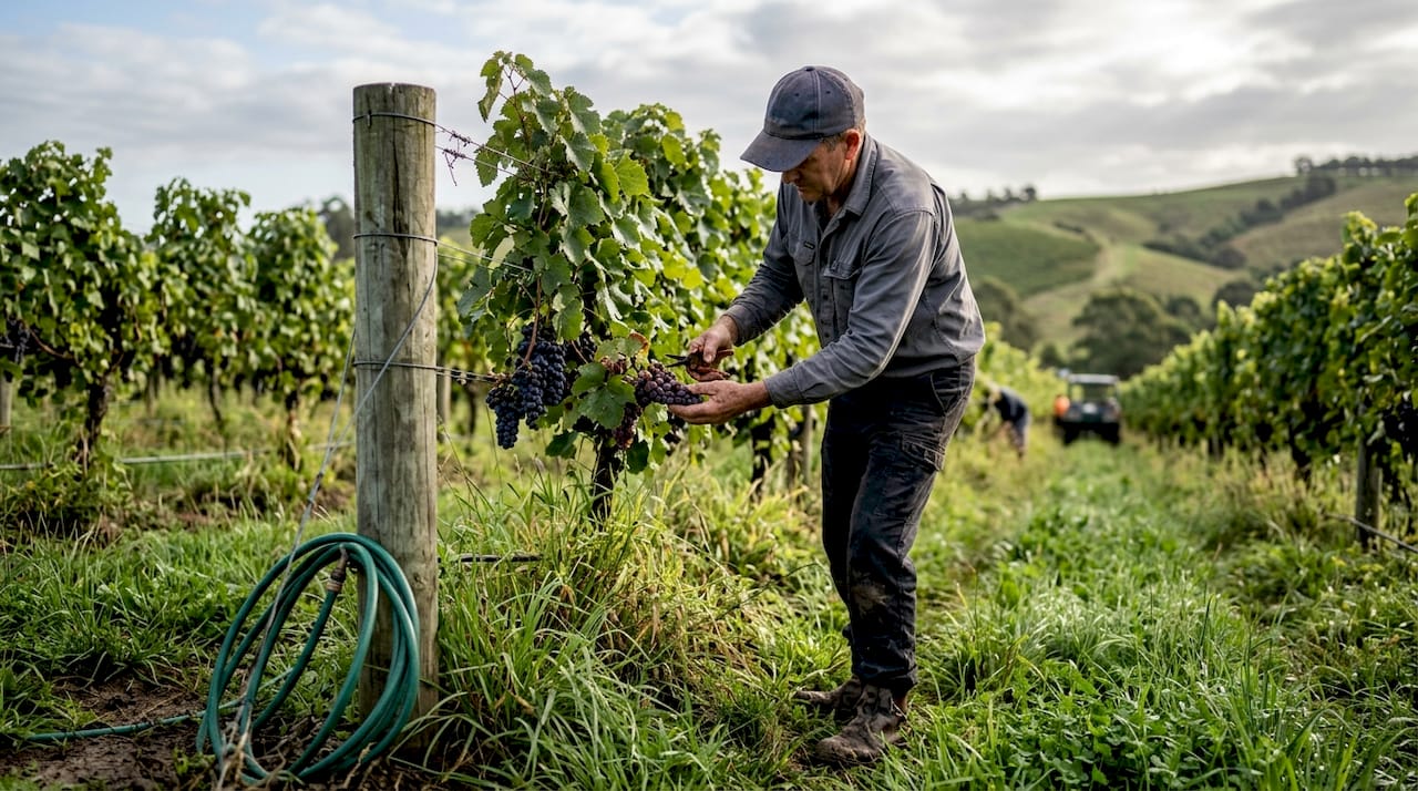 Vineyard worker checks grapes for harvest quality