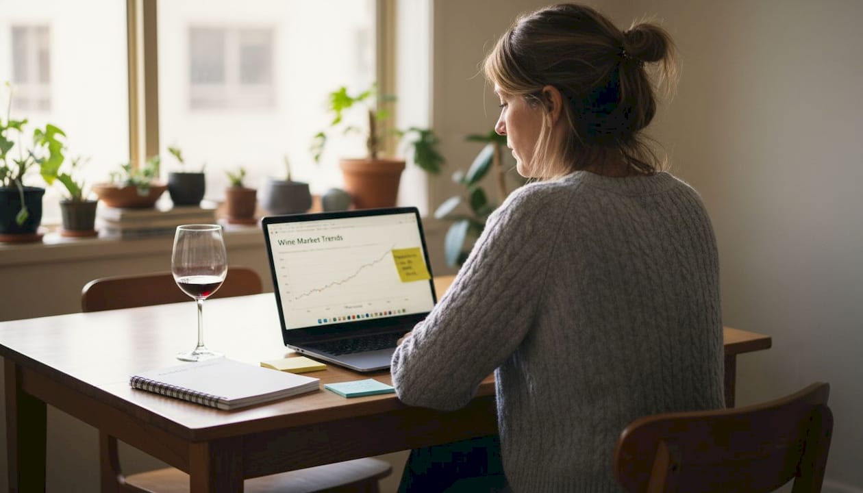 Woman researching wine market at dining table