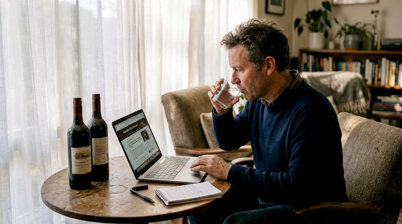 Man researching age-worthy wines at table
