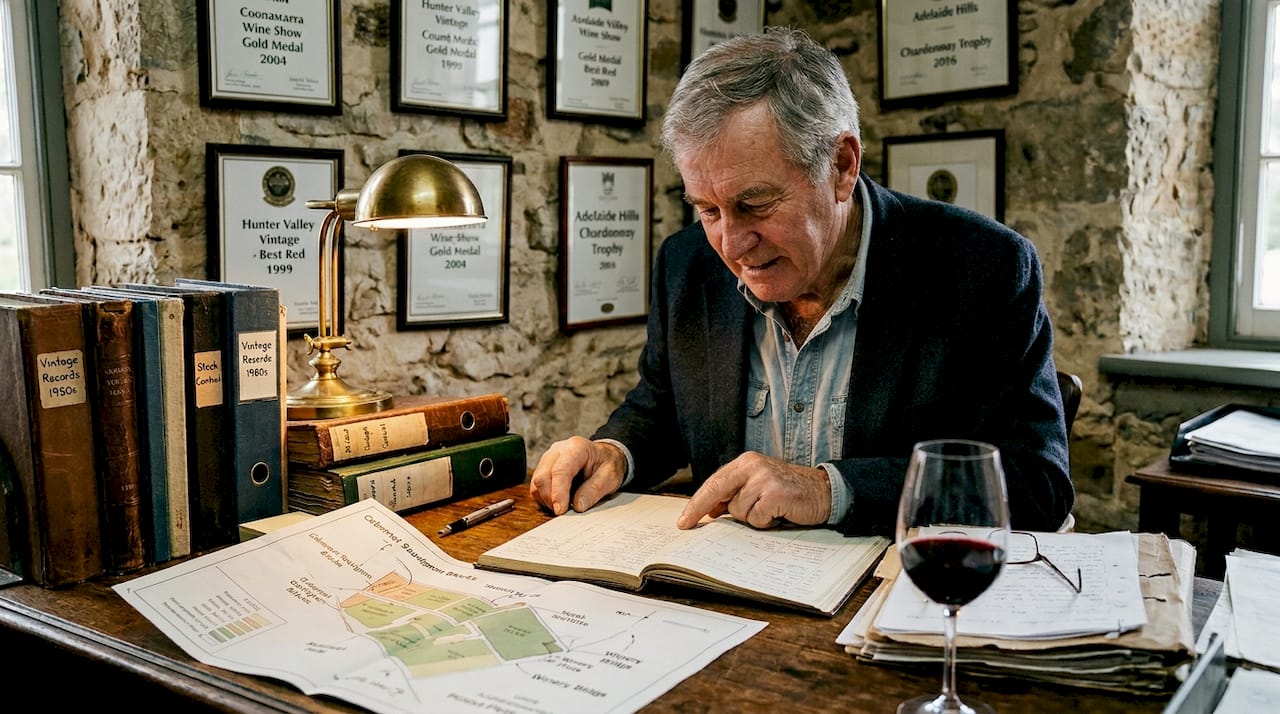 Winery manager reading vintage records at desk