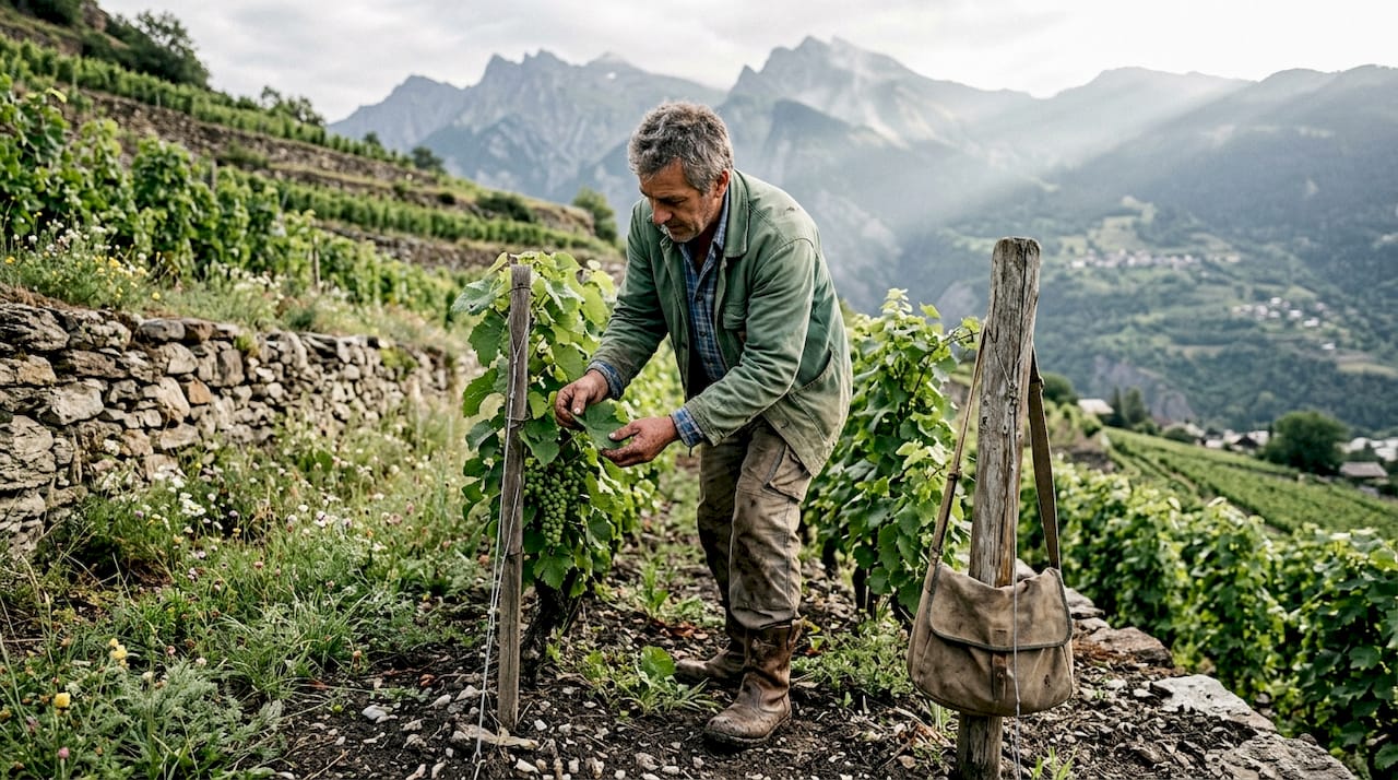 Vineyard worker inspects Gringet vines in Alps