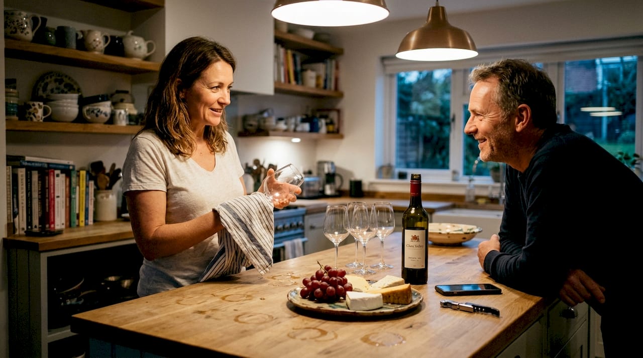 Host preparing wine glasses for serving