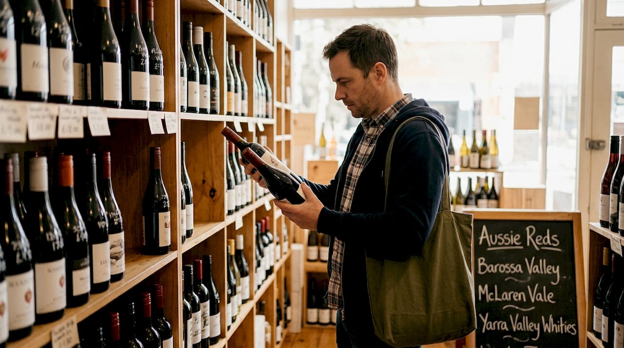 Man comparing bottles in indie wine shop