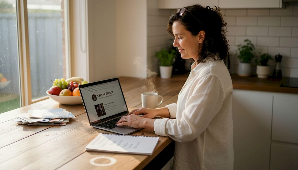 Woman researching wine deals at kitchen table