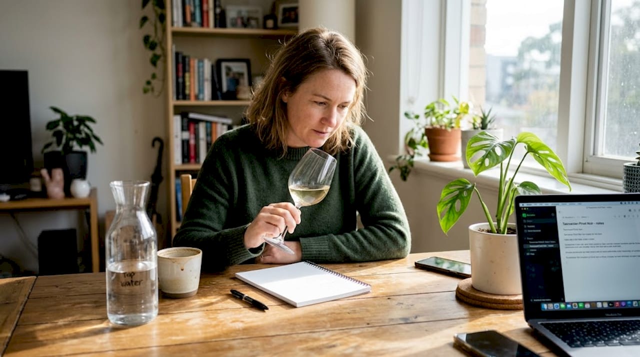Woman inspects clarity of white wine at table