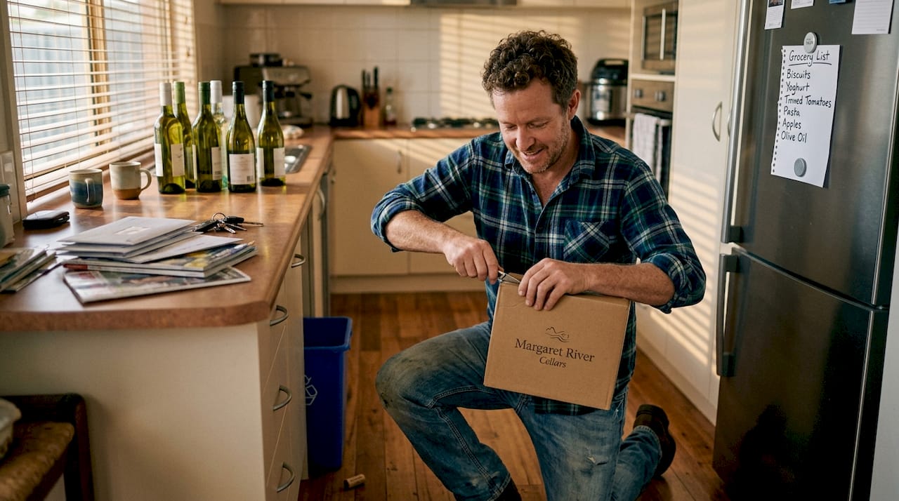 Man unpacking monthly wine club delivery