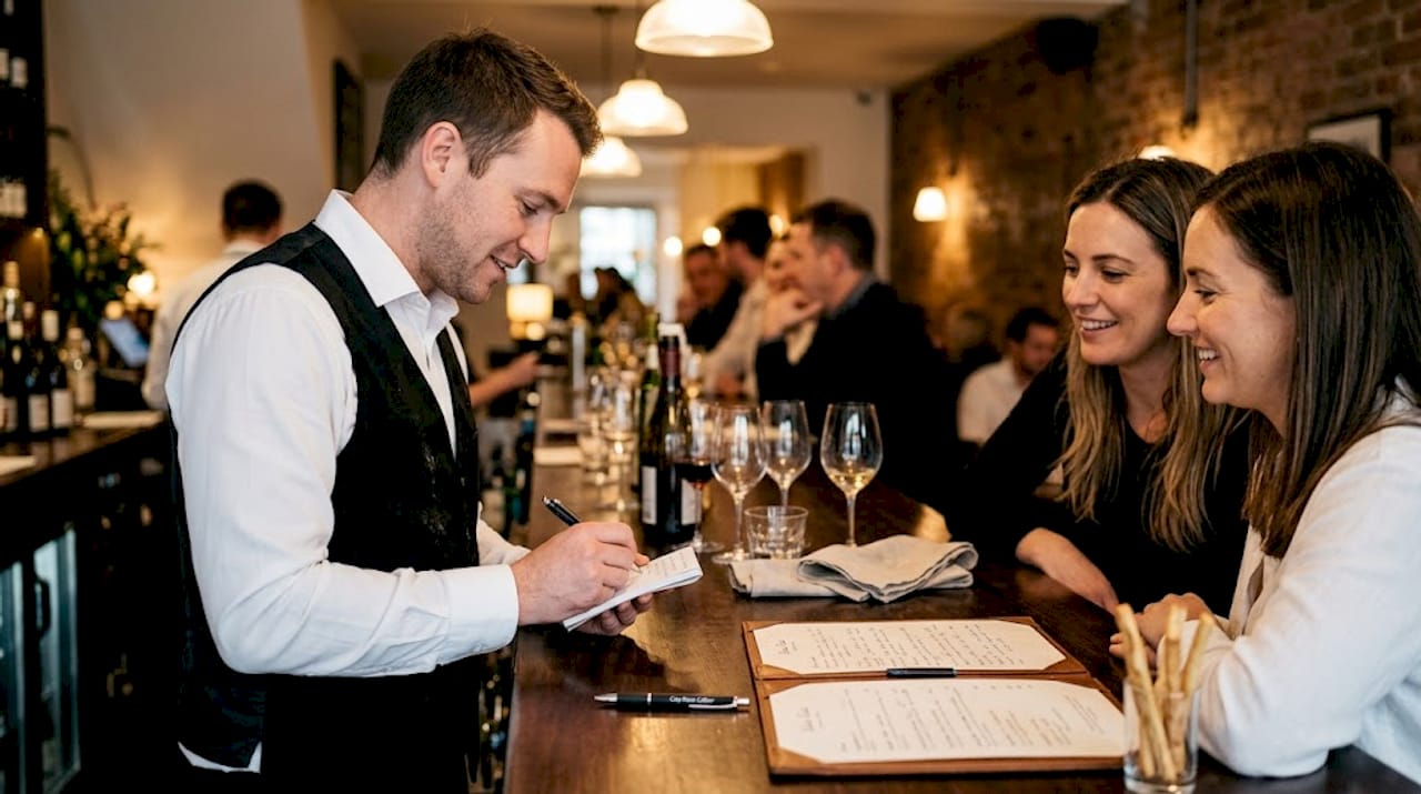 Sommelier discussing wine with restaurant guests