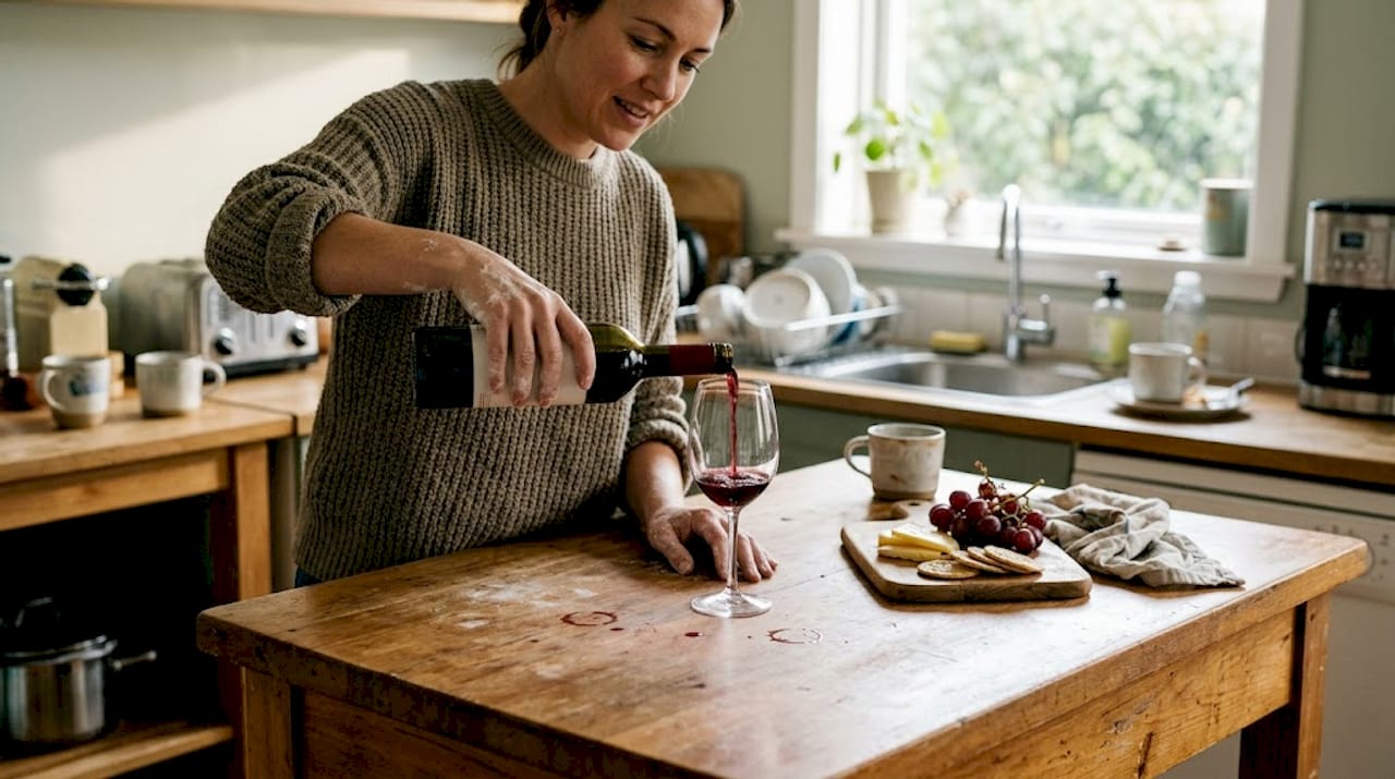 Pouring red wine in home kitchen scene