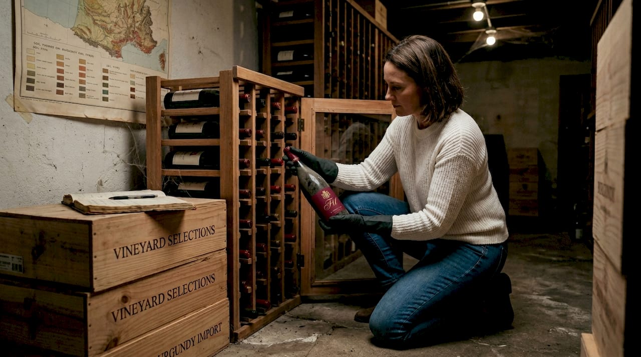 Wine collector dusting cellar-aged bottles