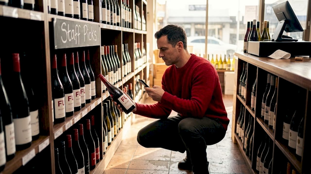 Man examining wine in local wine shop