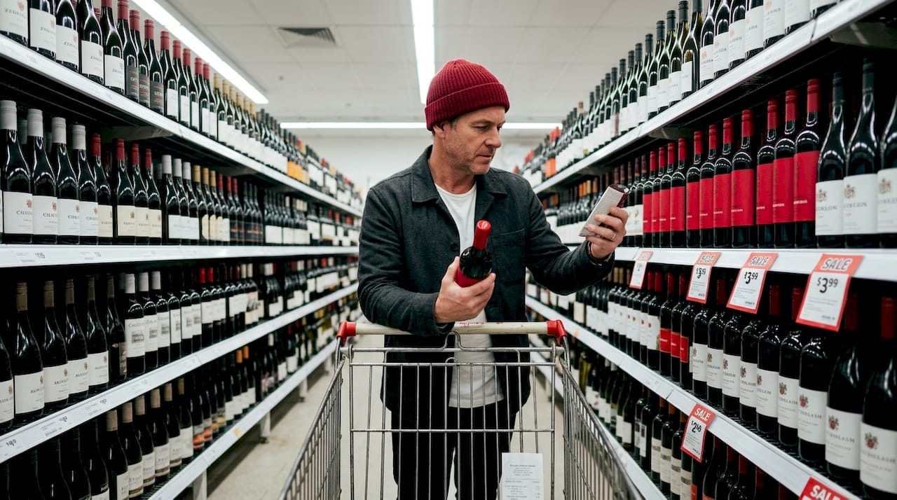 Man reading wine label at grocery aisle