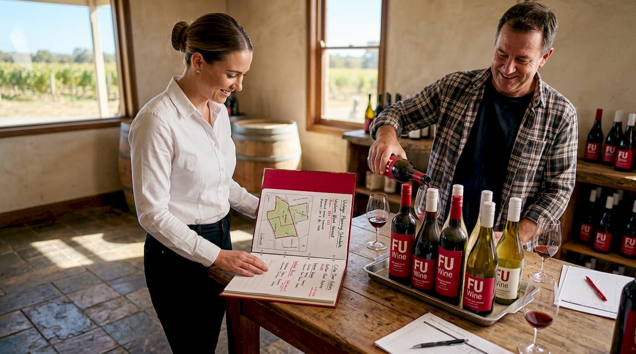 Sommelier meeting winery owner in tasting room