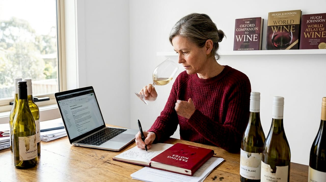 Woman tasting Chenin Blanc in home office