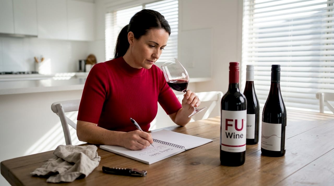 Wine critic taking notes at kitchen table
