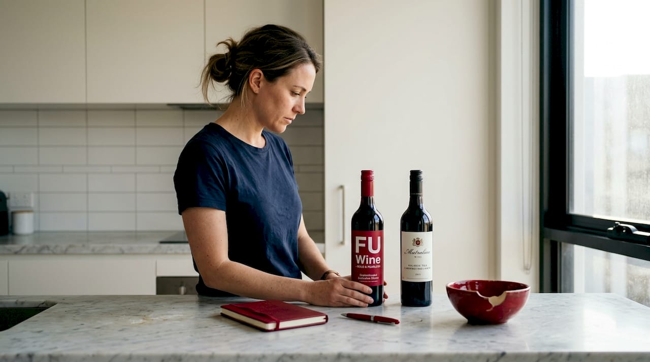 Collector comparing wine bottles kitchen workspace