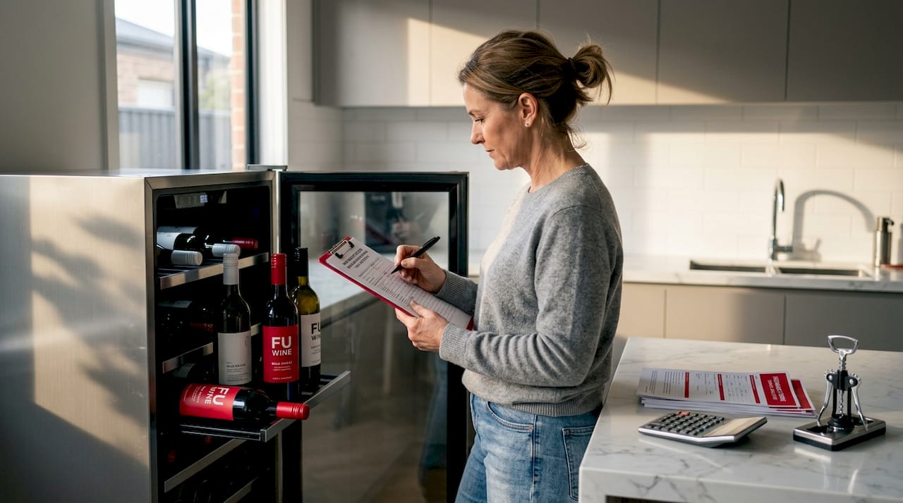 Owner records wine insurance in kitchen storage