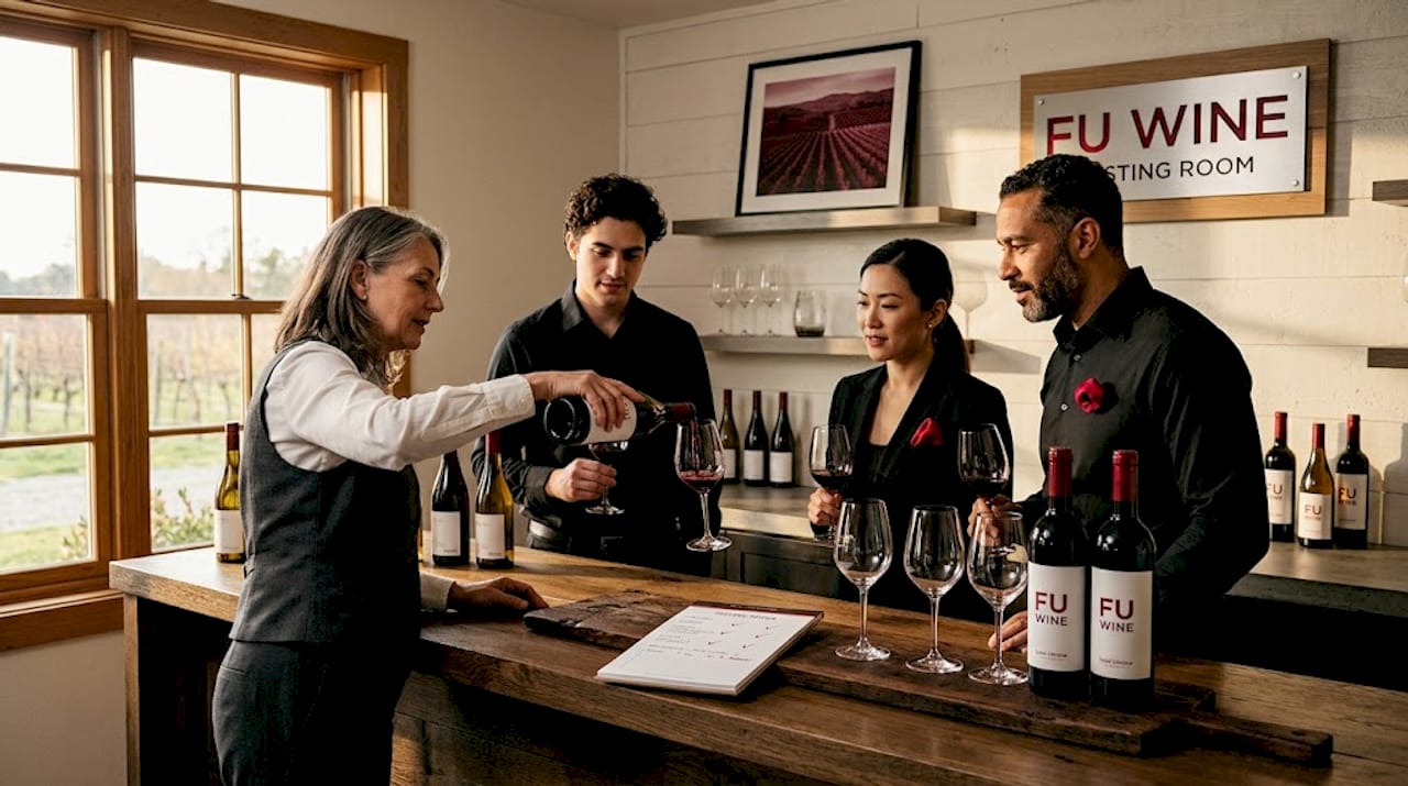 Staff learning wine selection in breakroom