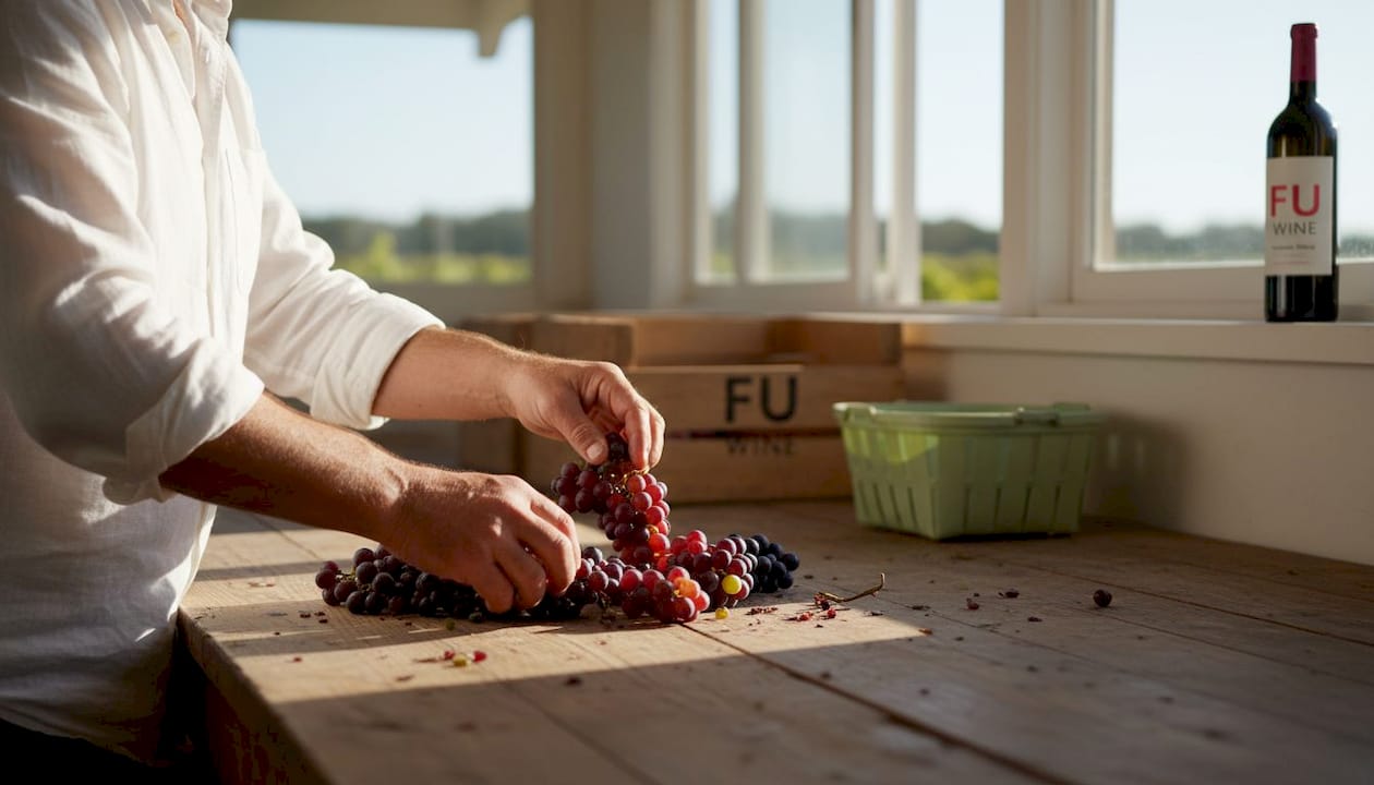 Winemaker hand-sorting grapes at rural winery
