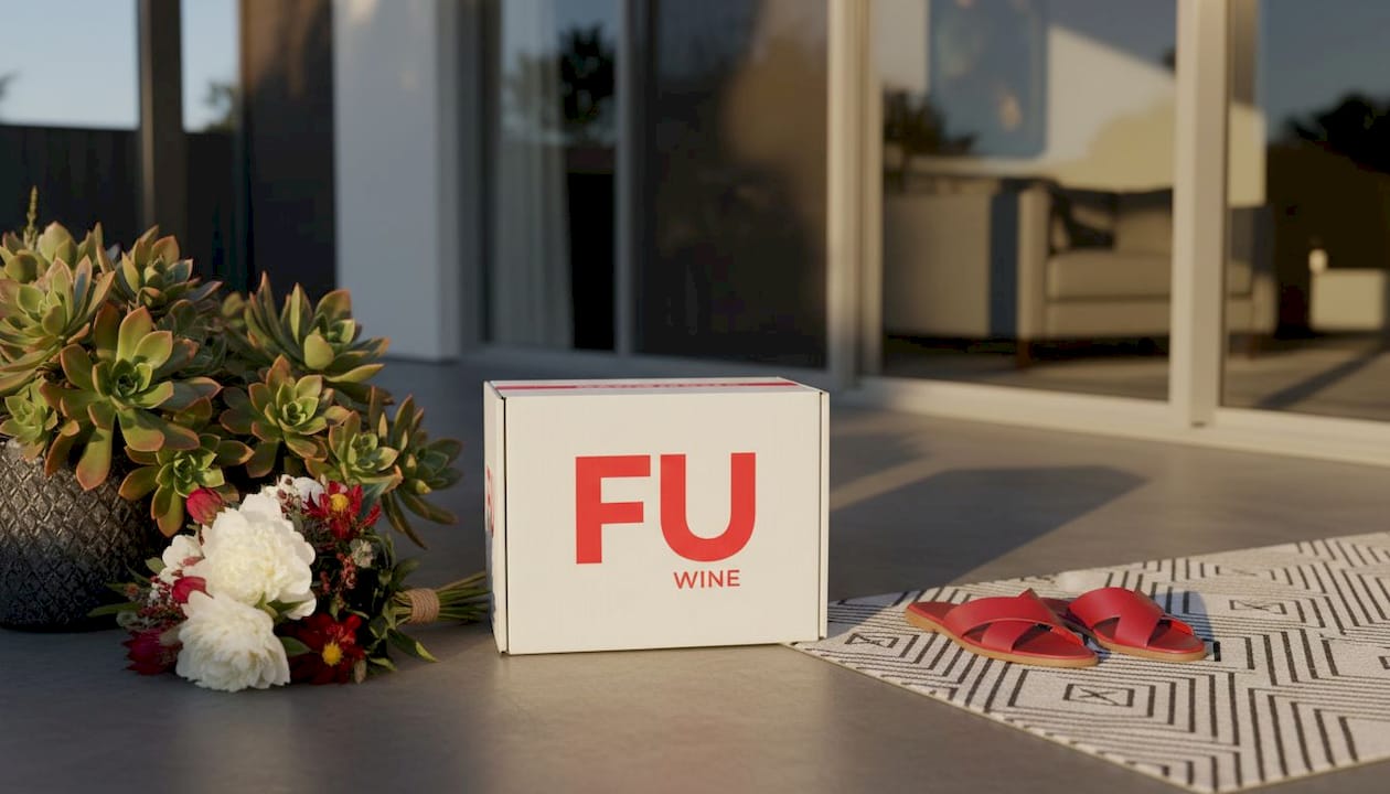 Wine shipment box on suburban doorstep