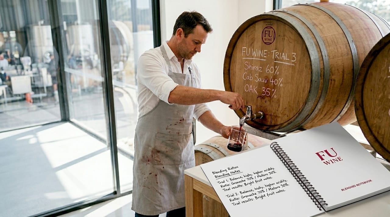 Cellar master blending wine samples barrel