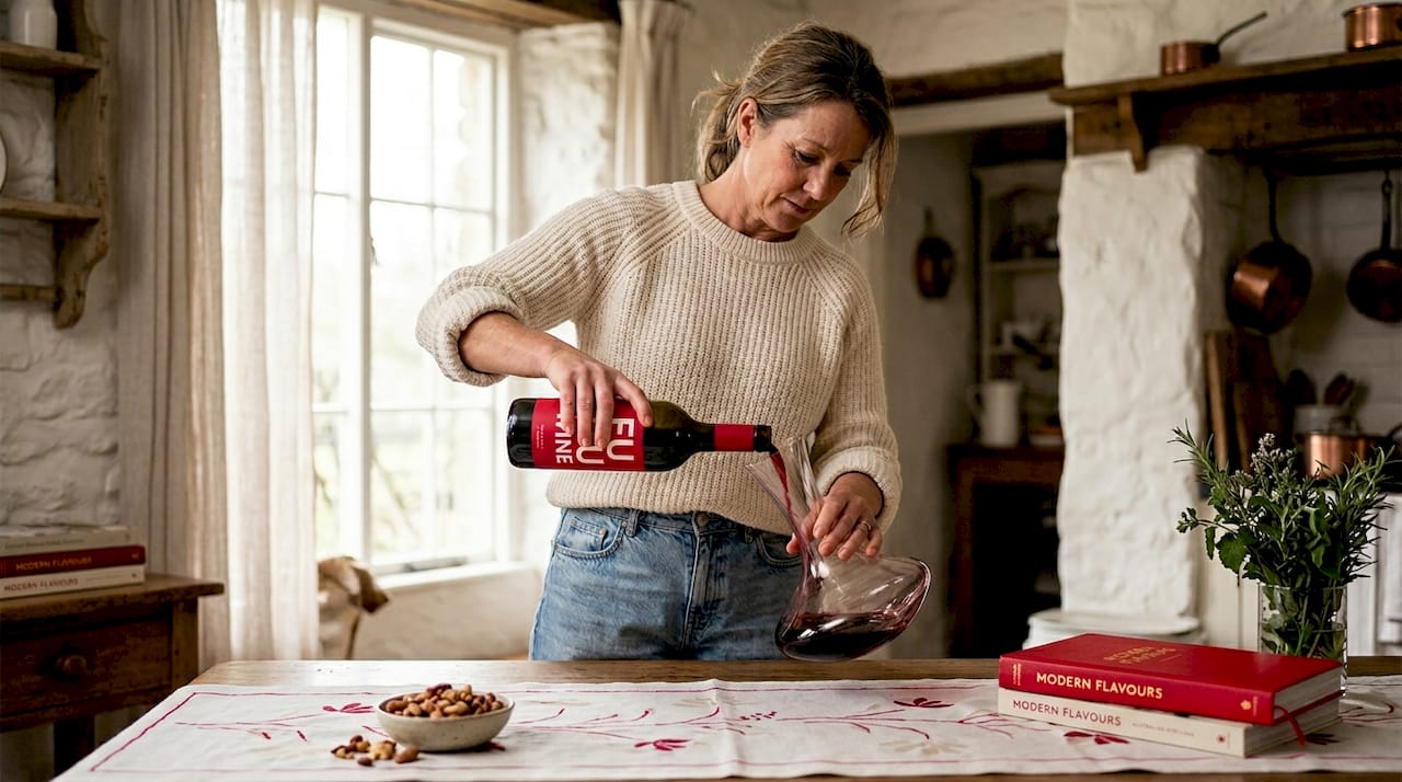 Woman decanting wine in city apartment kitchen