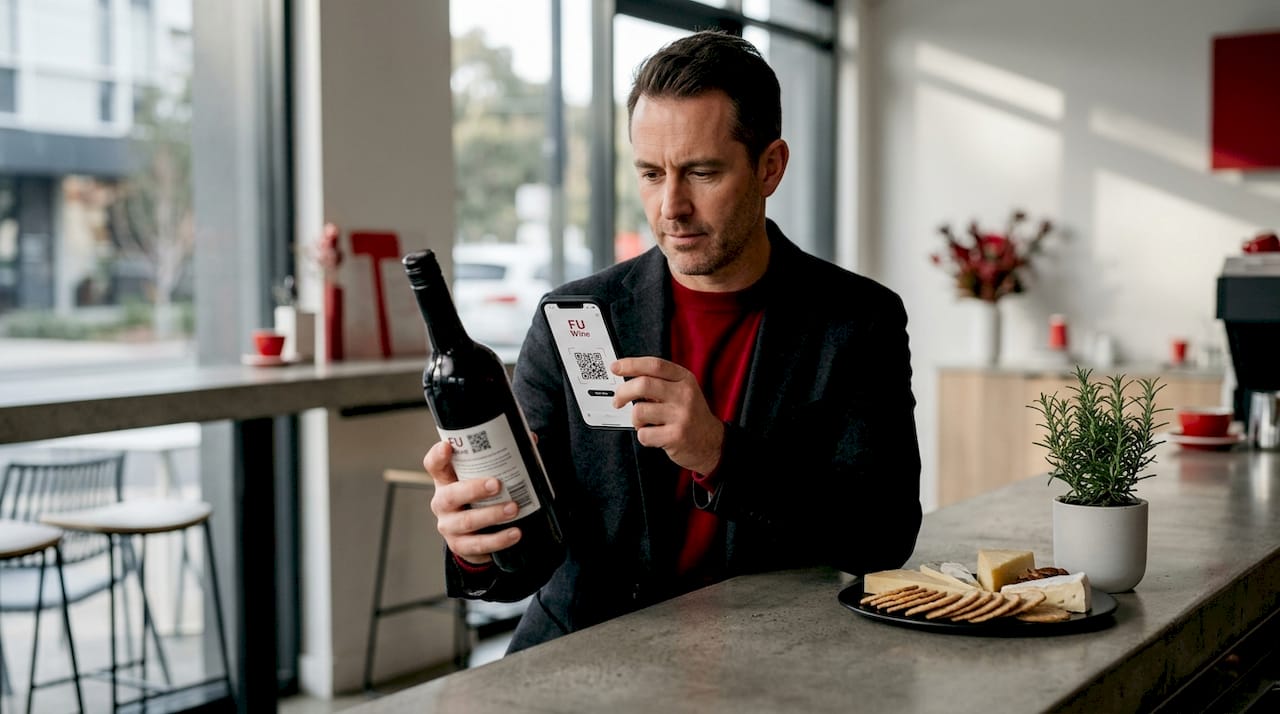 Wine buyer scanning bottle QR code at home