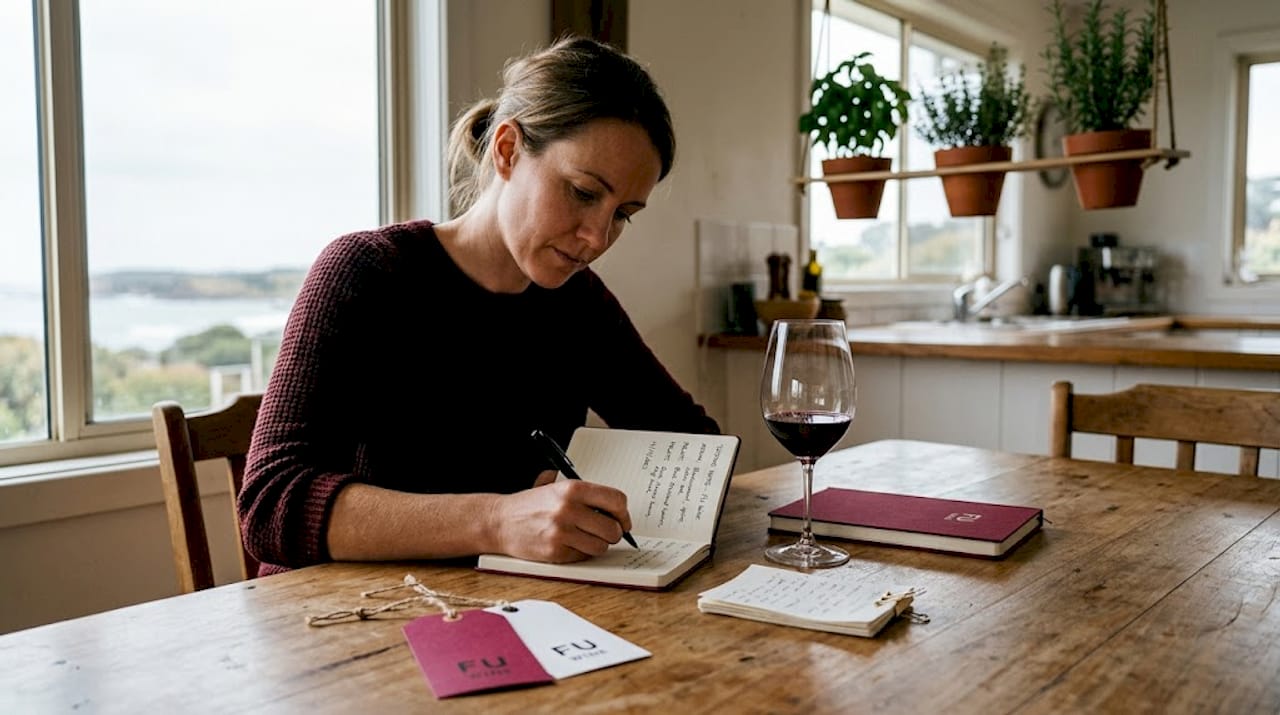 Woman records wine notes at kitchen table