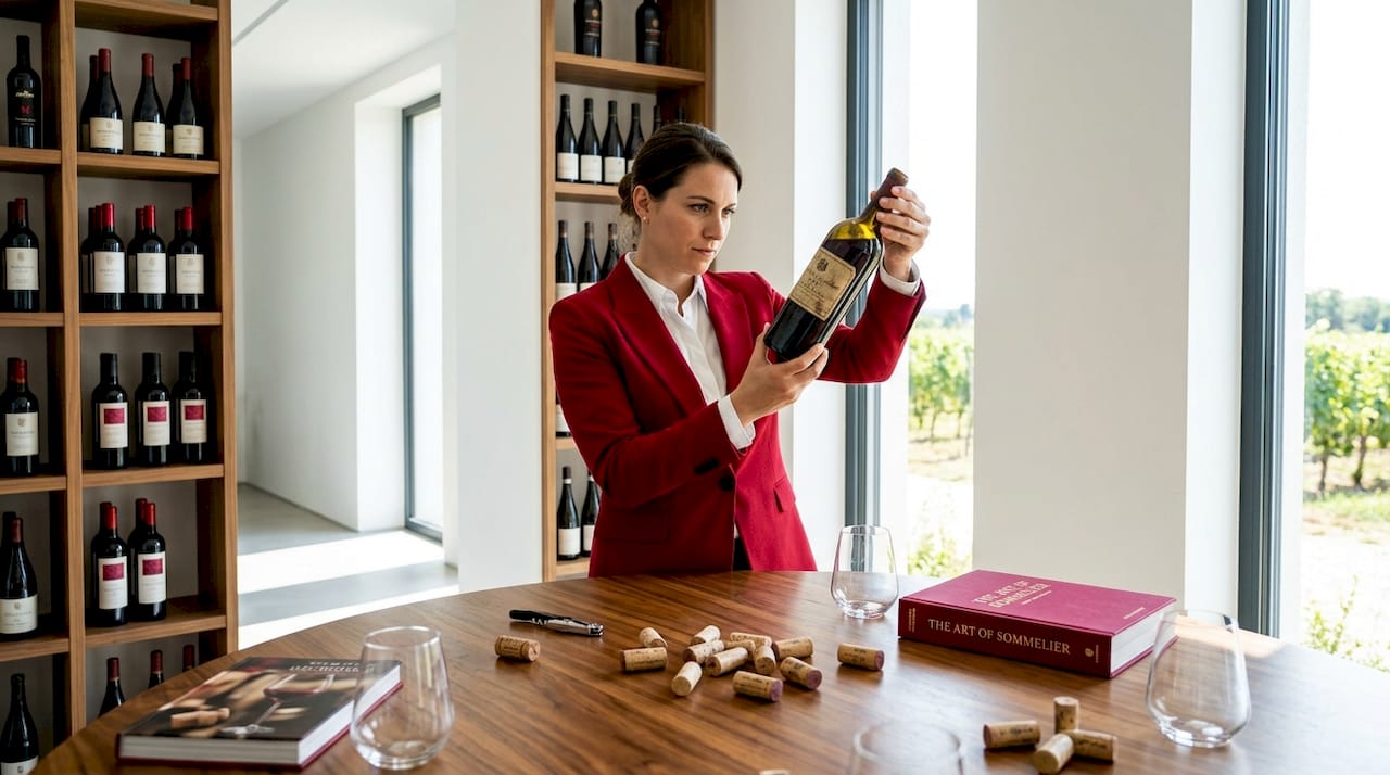 Sommelier inspecting vintage wine at table