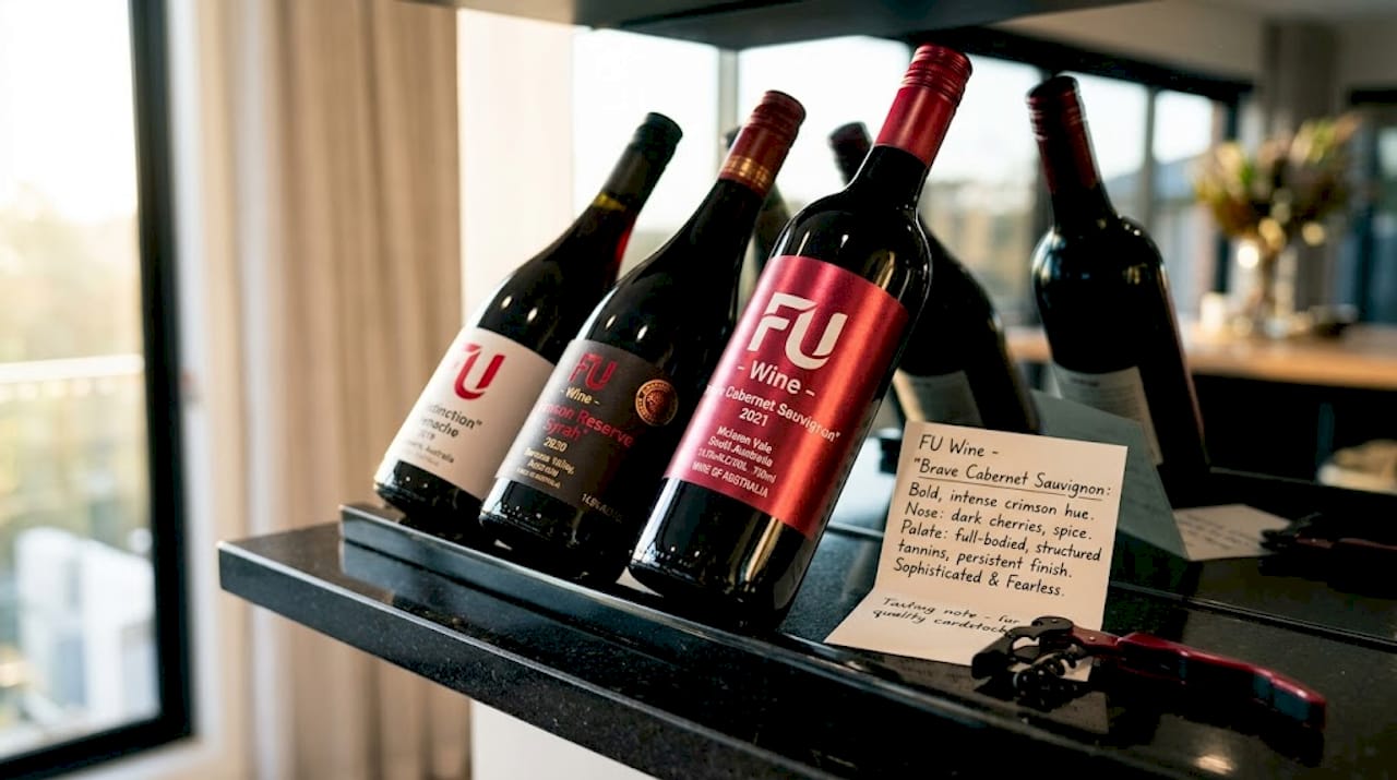 Close-up of high-quality wine labels on shelf