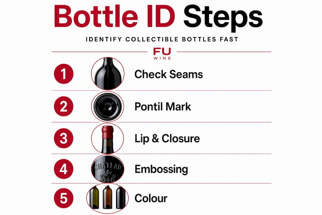 Infographic showing steps for identifying collectible bottles