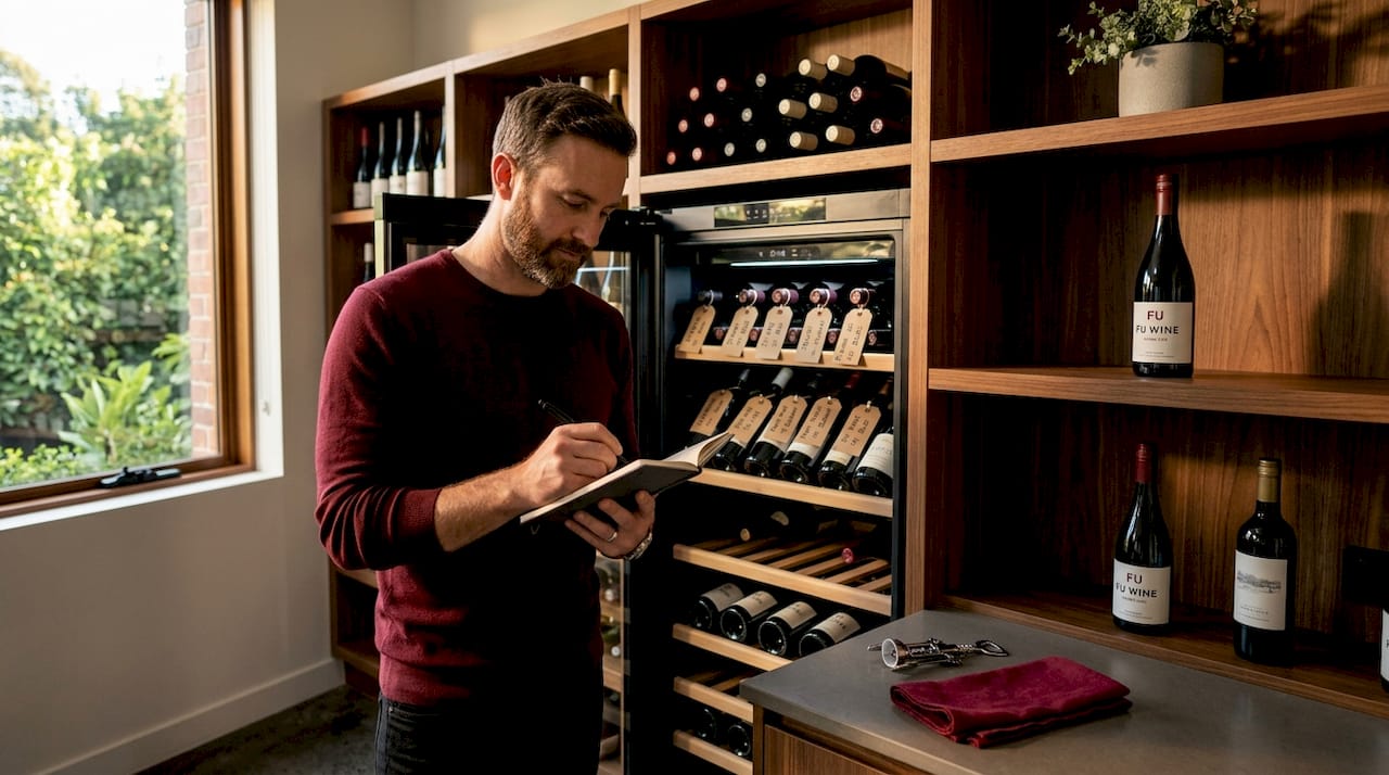 Man takes notes in front of home wine fridge