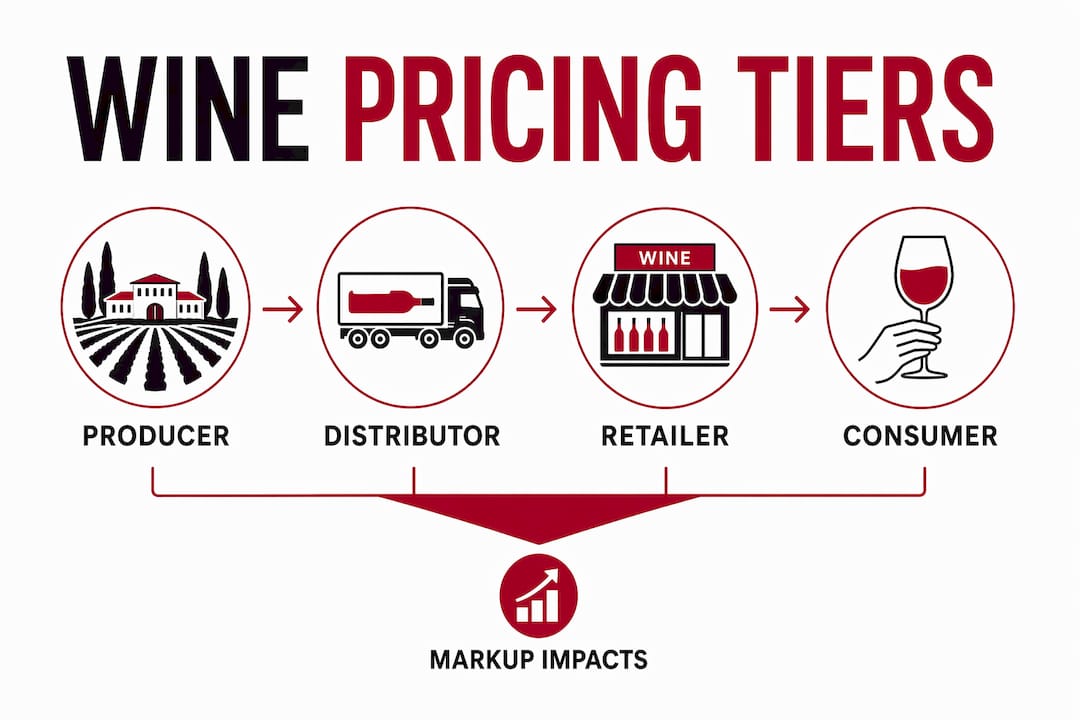 Infographic showing wine pricing tiers and markup effects