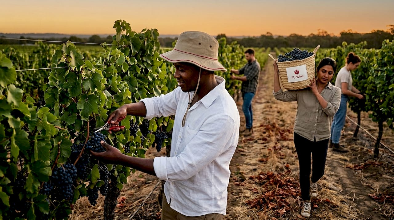 Winery team harvesting grapes in vineyard morning