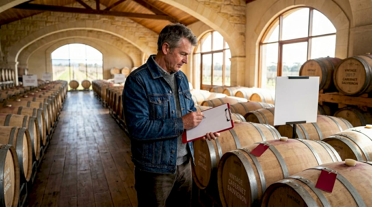 Winemaker reviewing barrels in cellar